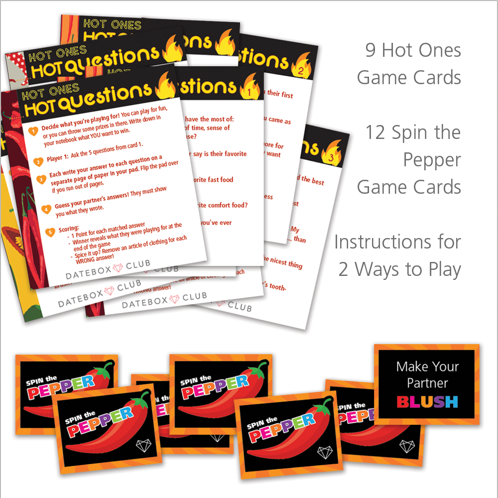 9 hote ones game cards, 12 spin the pepper game cards, instructions for 2 ways to play